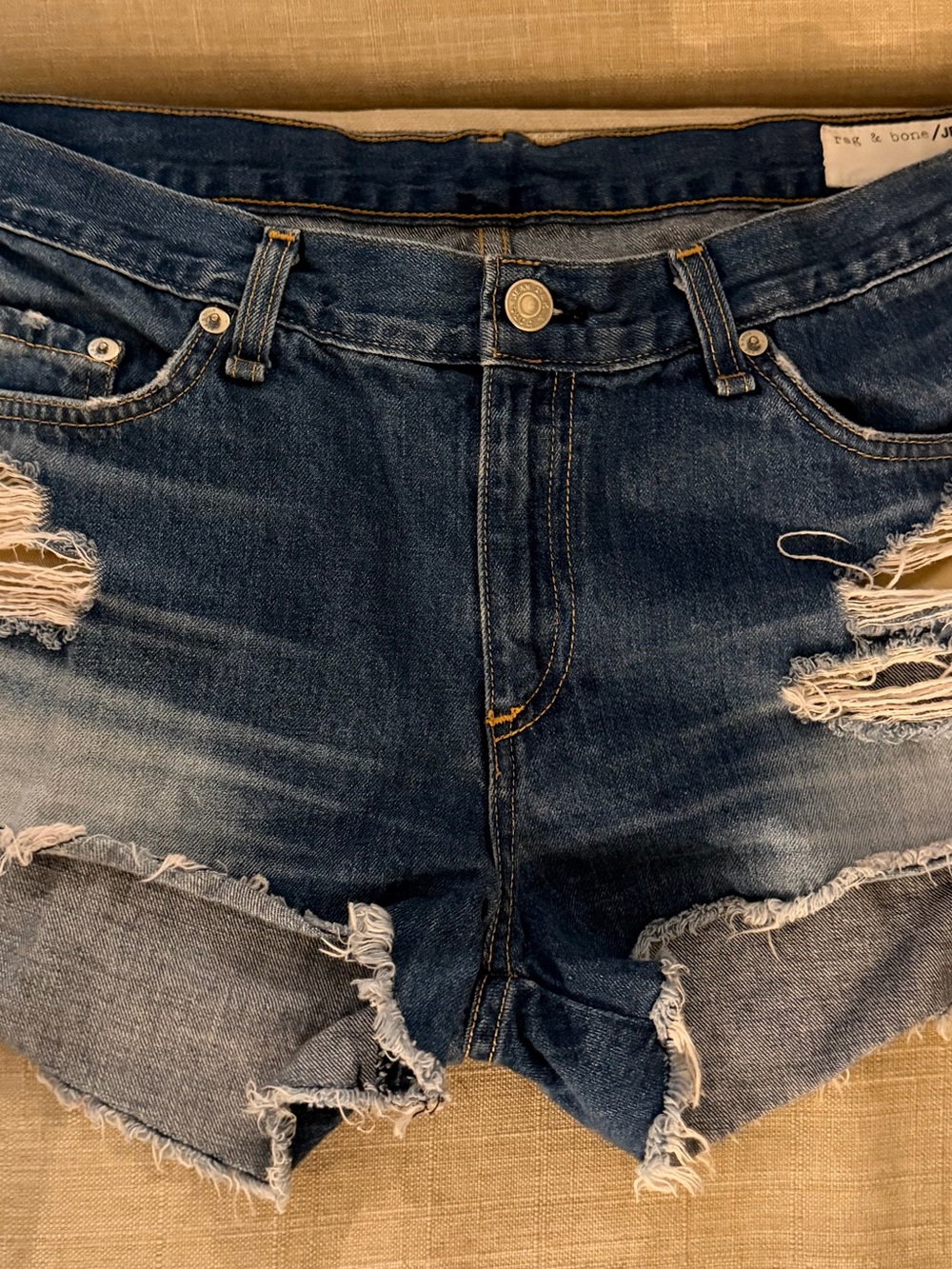 rag & bone dark blue distressed denim shorts